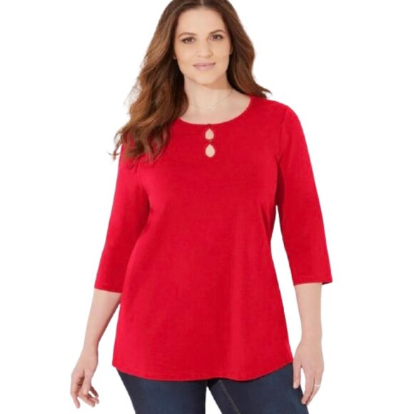 Catherines Women's Plus Top Womens Size 2X Suprema Teardrop Tee Red 3/4 Sleeve - Picture 2 of 11